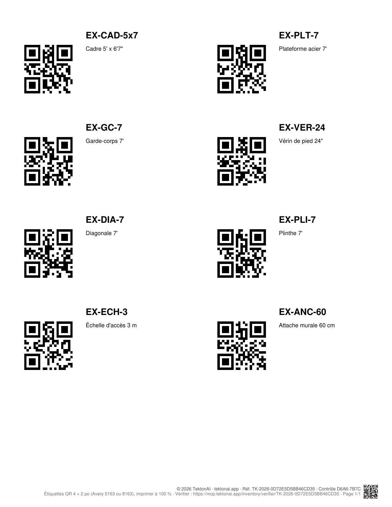 Feuille d'étiquettes QR produite par Remise : 8 pièces avec leur code, leur désignation et leur code QR, et la référence de vérification en bas de page