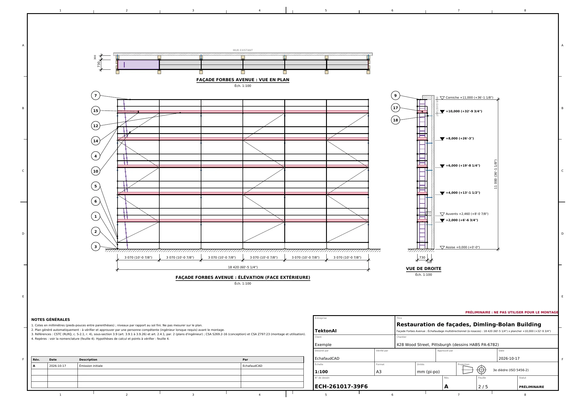 Sheet 2: Forbes Avenue façade in plan view, elevation and right side view, 6 bays of 3,070 mm, platforms from +2.000 to +10.000 and item tags