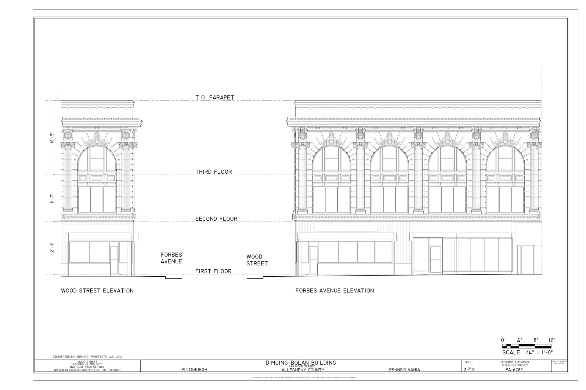 Elevations of the Dimling-Bolan Building, on Wood Street and on Forbes Avenue, with the levels: first floor, second, third and top of parapet