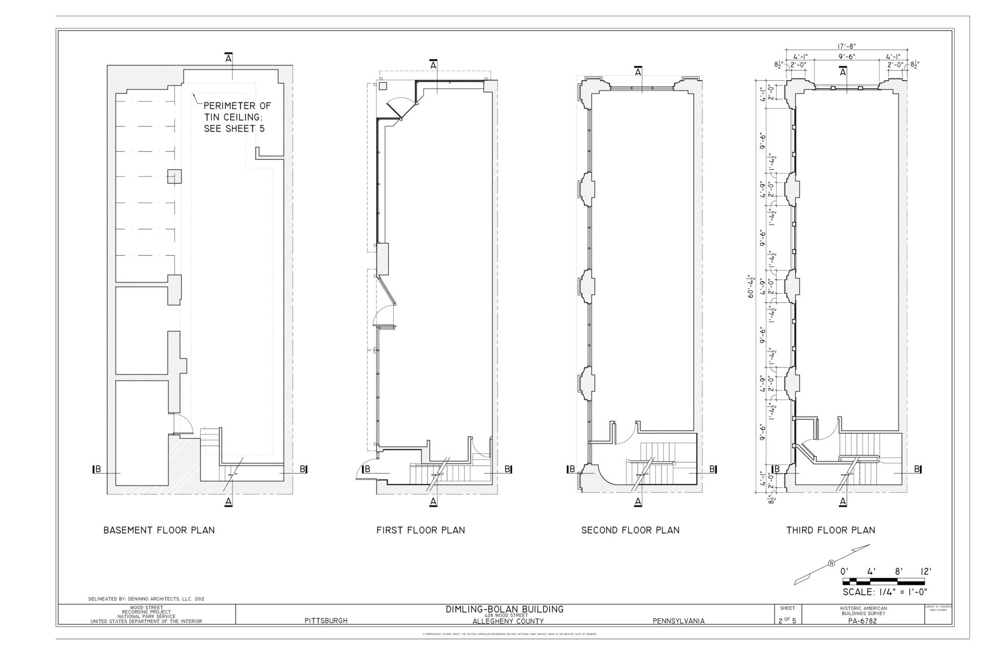 Floor plans of the Dimling-Bolan Building, from the basement to the third floor, with the façade dimensions: 17’-8” on Wood Street and 60’-4½” on Forbes Avenue