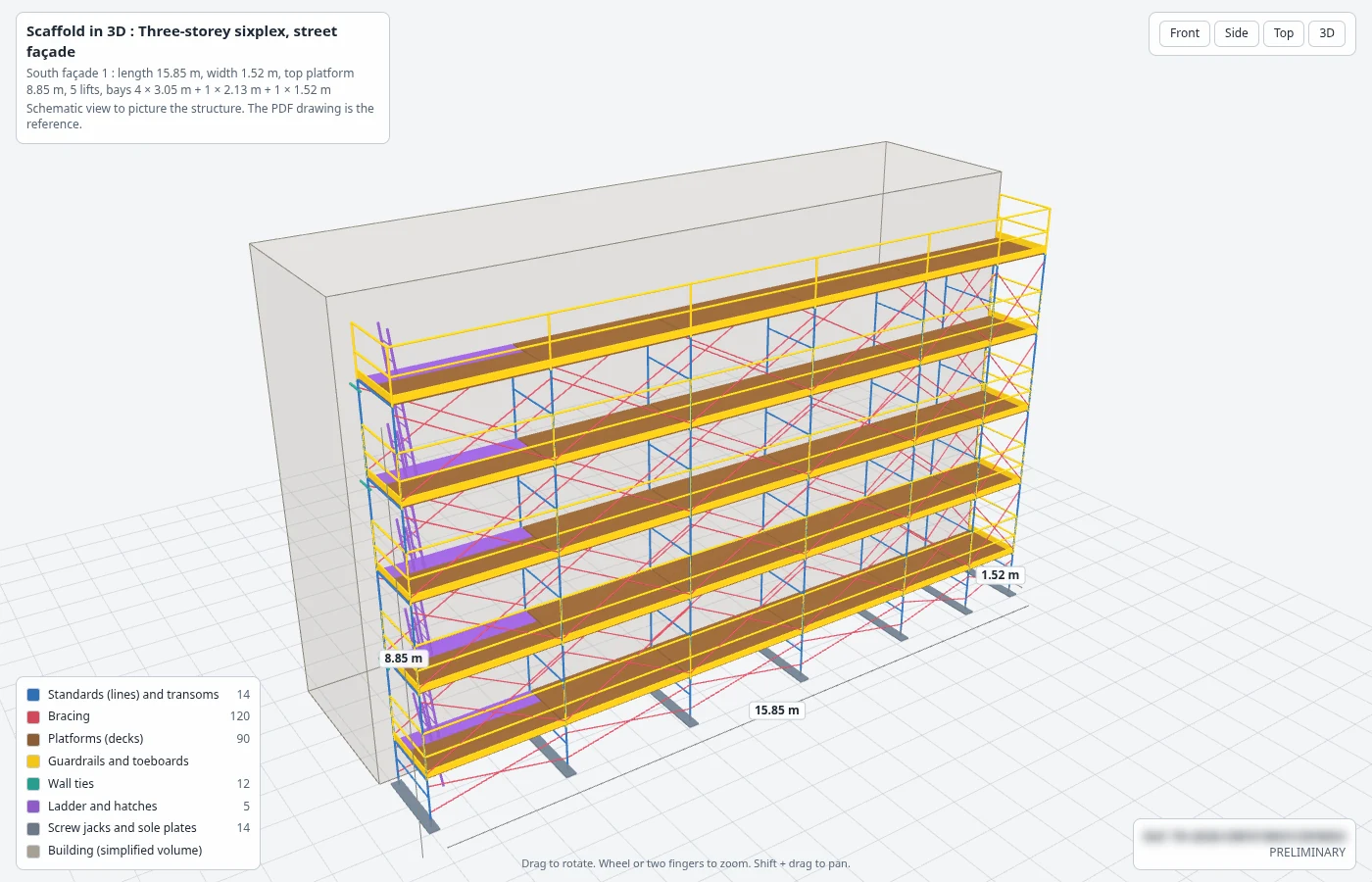 3D view of the scaffold of plan ECH-261023-17A3: the frame scaffold in front of the building as a simple volume, the 15.85 m length, the top platform at 8.85 m, the legend of part families and the PRELIMINARY status. The reference is blurred