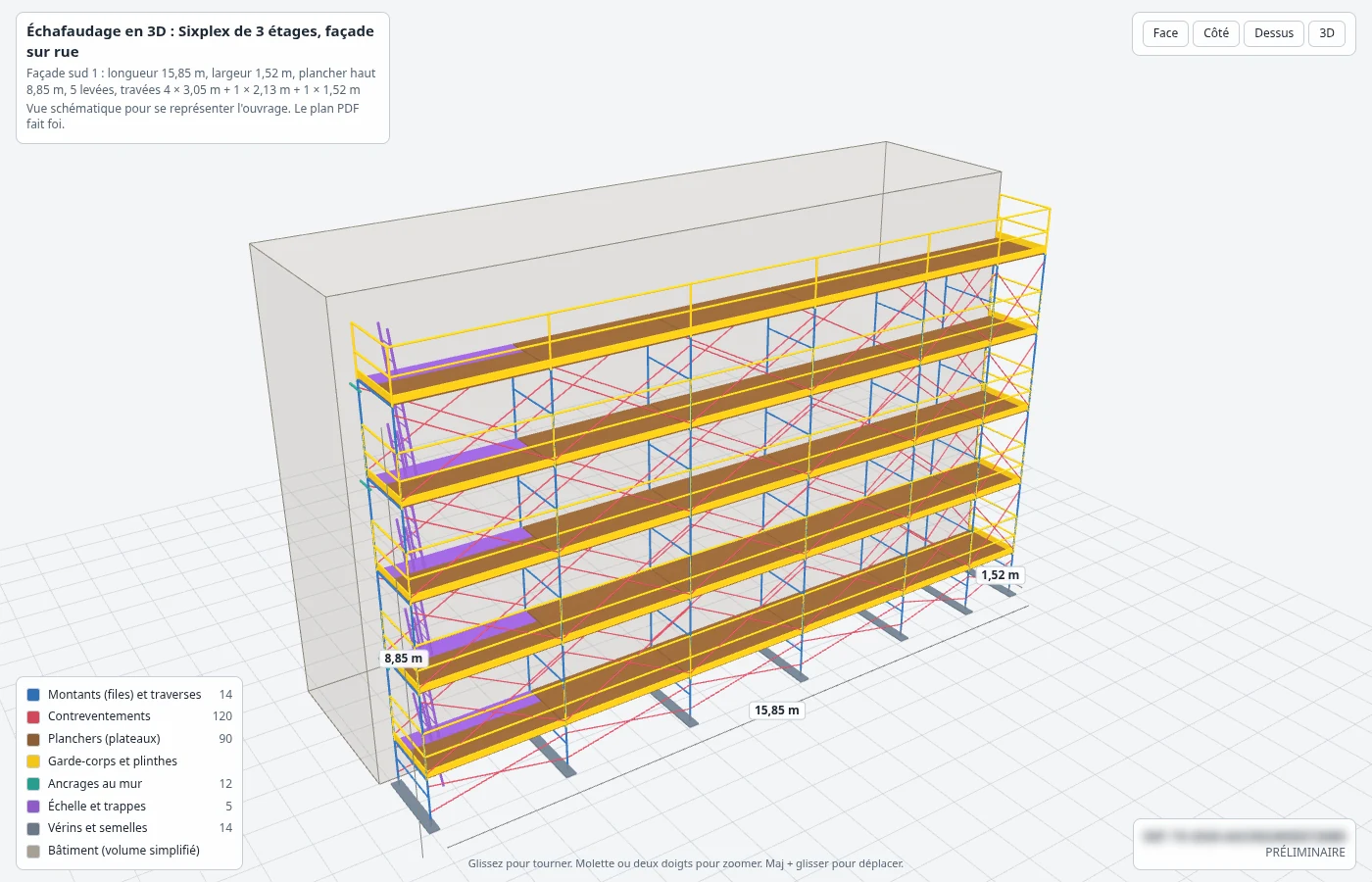 Vue 3D de l’échafaudage du plan ECH-261023-7F8D : l’échafaudage à cadres devant le bâtiment en volume simplifié, la longueur de 15,85 m, le plancher haut à 8,85 m, la légende des familles de pièces et la mention PRÉLIMINAIRE. La référence est floutée