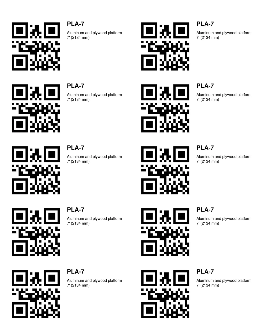 QR label sheet for the fictional company: 10 labels of 4 × 2 in for part PLA-7, “Aluminum and plywood platform 7’ (2134 mm)”, each with its QR code
