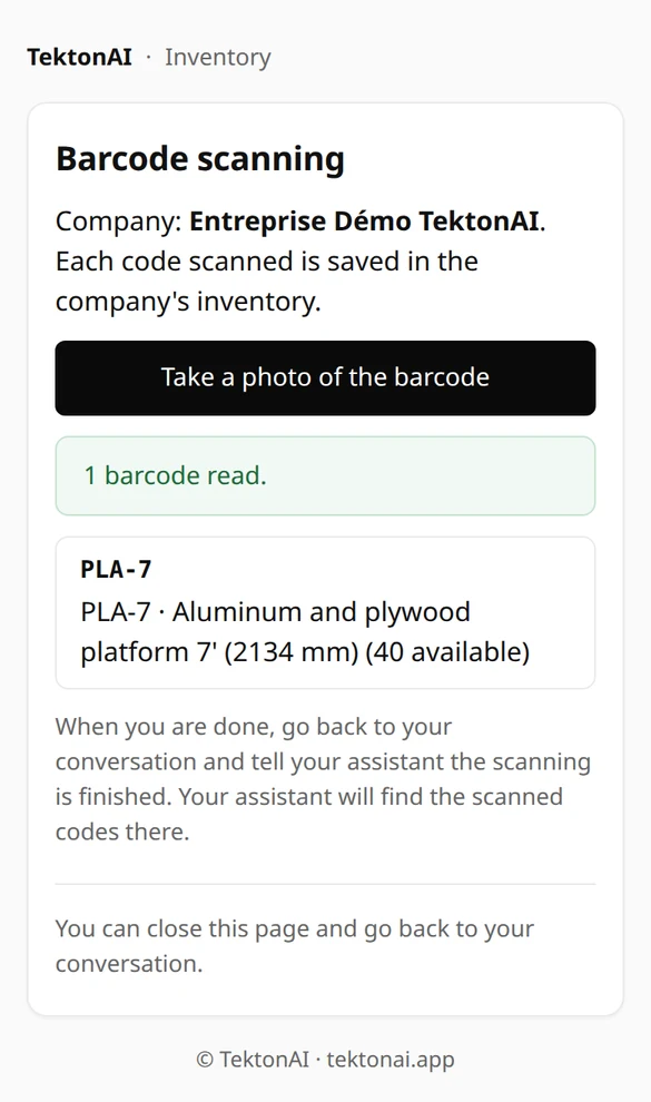 Phone scanning page: the “Take a photo of the barcode” button, the message “1 barcode read.” and the recognized part, PLA-7, Aluminum and plywood platform 7’ (2134 mm), with 40 available