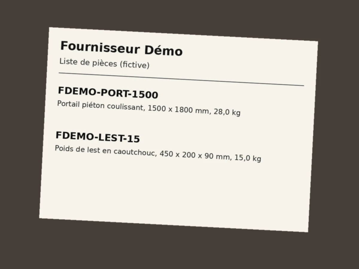 Photo of a fictitious Fournisseur Démo list (in French): a sliding pedestrian gate and a rubber ballast weight, with their dimensions and weights