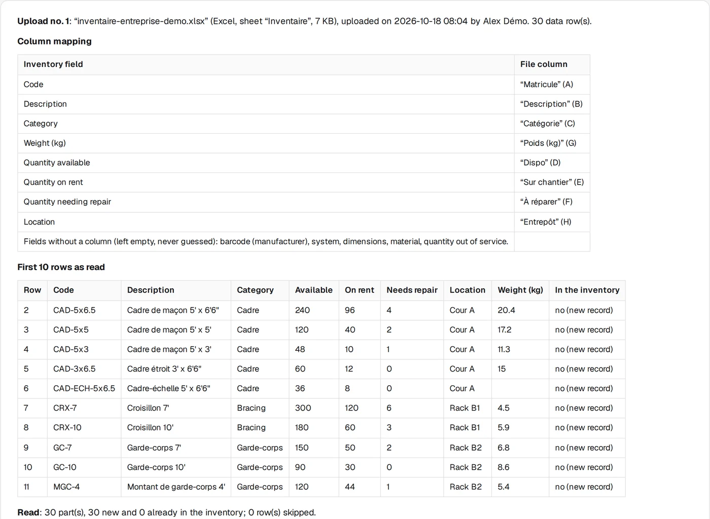 Import preview: the mapping of the file’s columns (“Matricule” for the part number, “Dispo” for the quantity available…) and the first 10 rows read, all new records