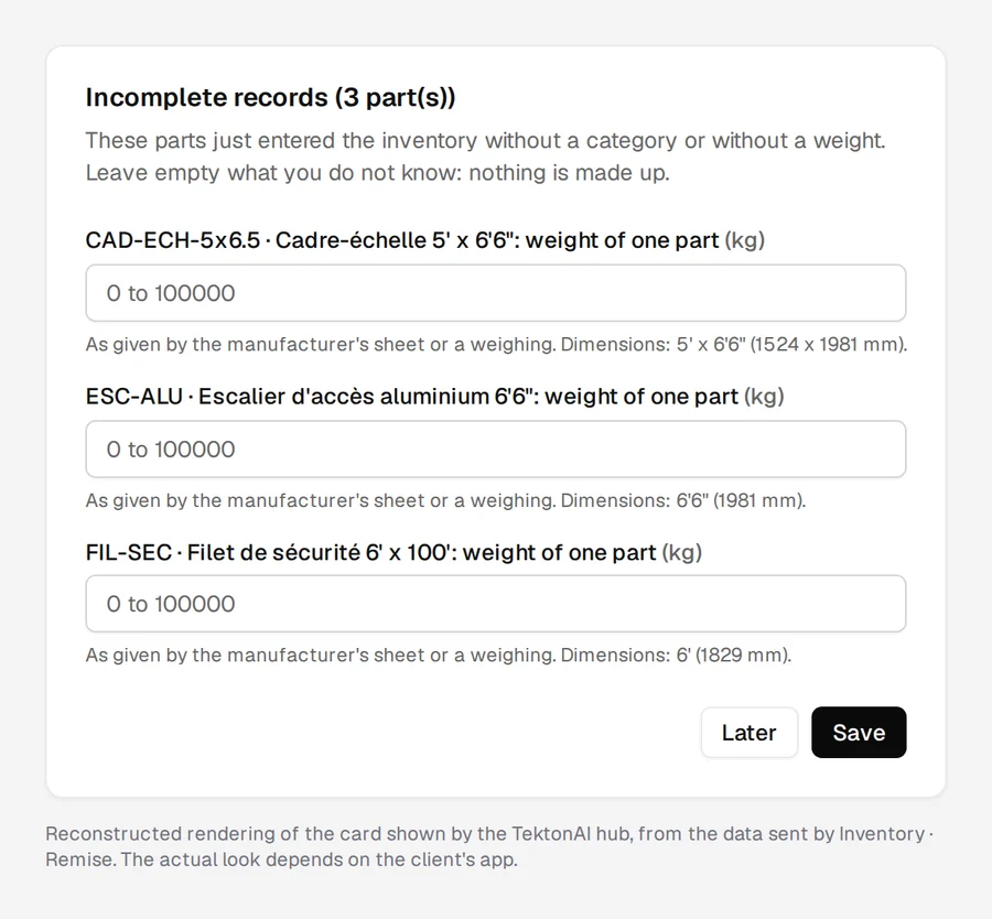 Incomplete records form: the weight of three parts, to fill in only from the manufacturer’s data sheet or a weighing