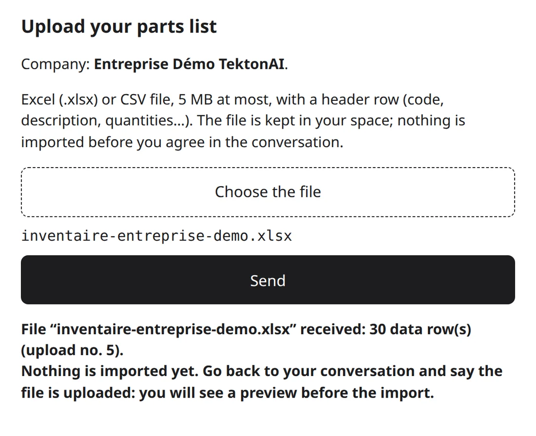 Inventory upload page for the fictional company: the file inventaire-entreprise-demo.xlsx is received, 30 data rows, nothing is imported yet