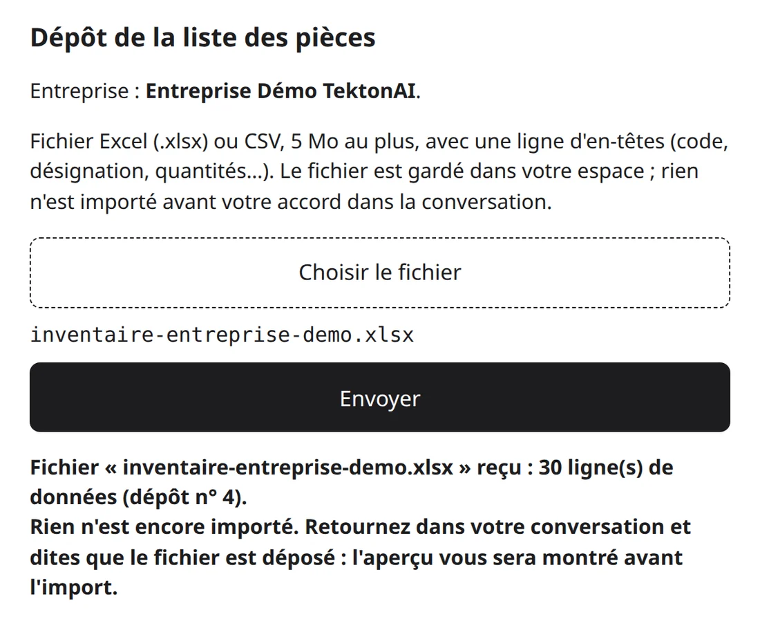 Page de dépôt de Remise pour l’entreprise fictive : le fichier inventaire-entreprise-demo.xlsx est reçu, 30 lignes de données, rien n’est encore importé