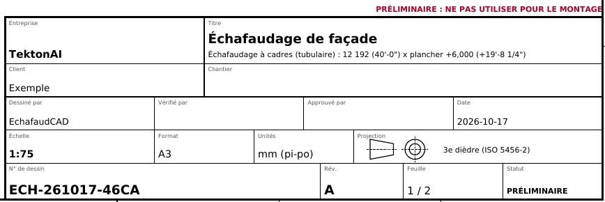 Title block of a real Scaffold plan: company, title, client, site, drawn by, checked by, approved by, scale, drawing number, revision and status