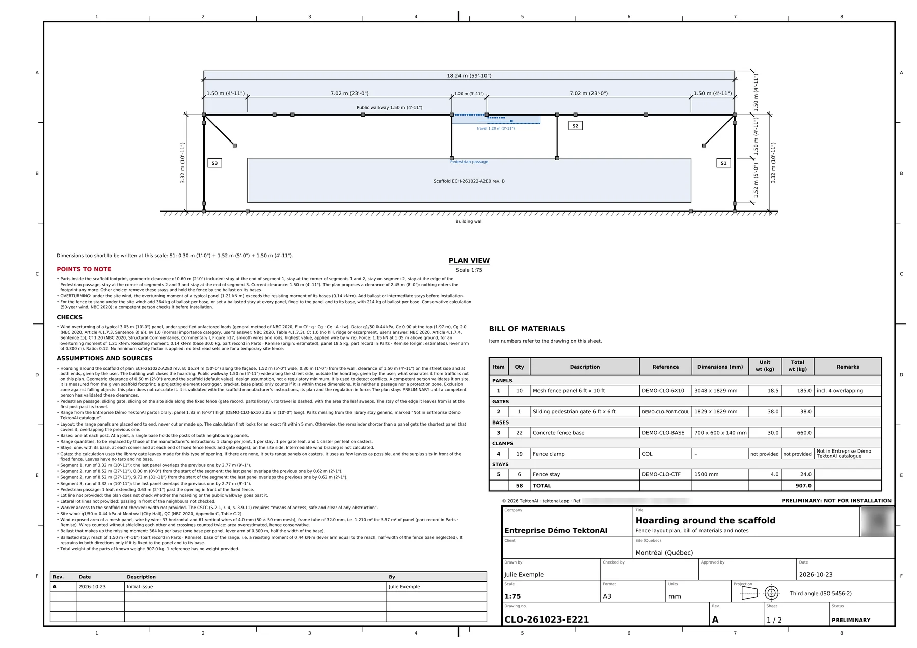 Sheet 1 of plan CLO-261023-E221, revision A: plan view of the hoarding around the scaffold, with the gate and the public walkway. The reference and the QR code are blurred