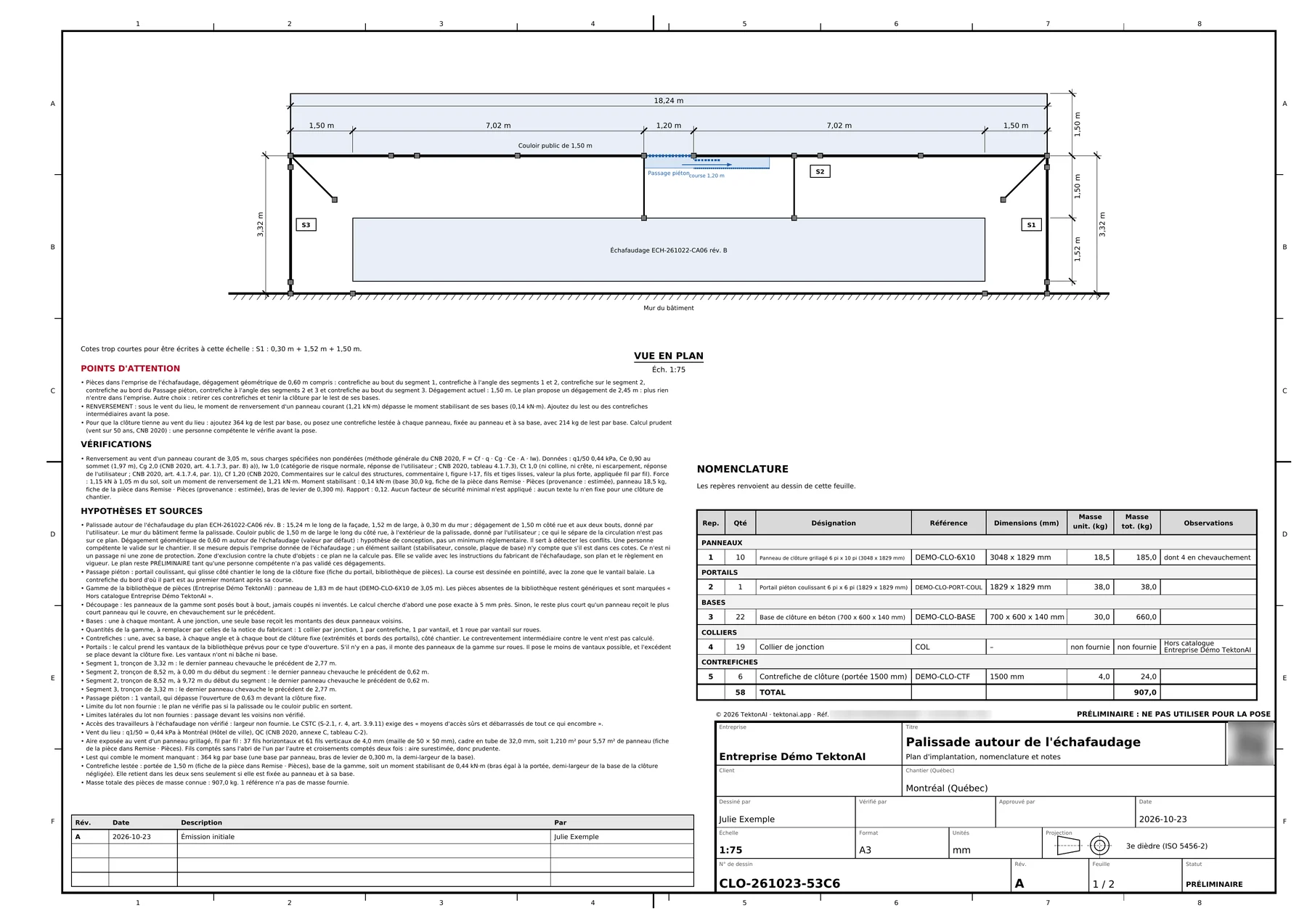 Feuille 1 du plan CLO-261023-53C6, révision A : vue en plan de la palissade autour de l’échafaudage, avec le portail et le couloir public. La référence et le code QR sont floutés