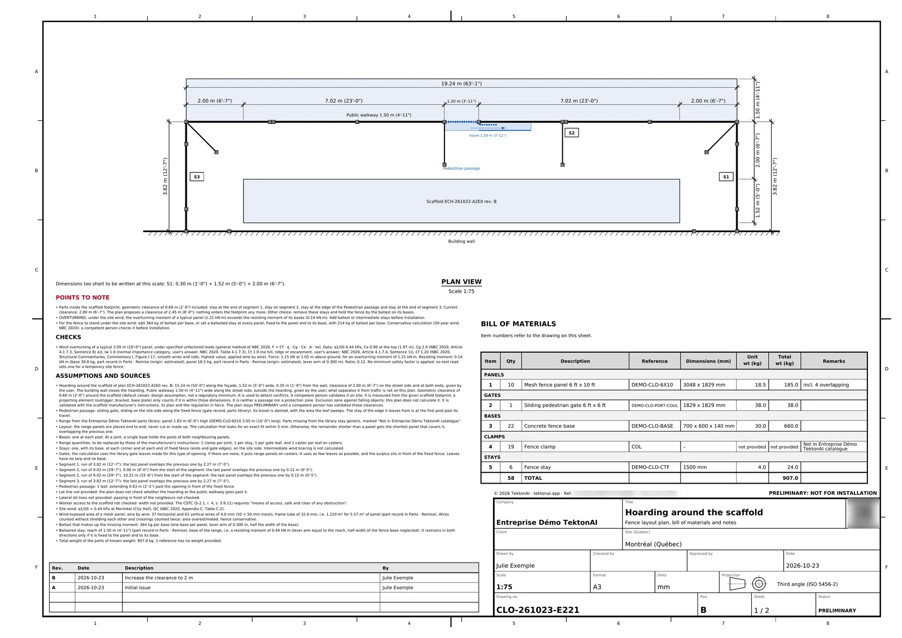 Sheet 1 of plan CLO-261023-E221, revision B: the hoarding widened to 2.00 m around the scaffold. The reference and the QR code are blurred