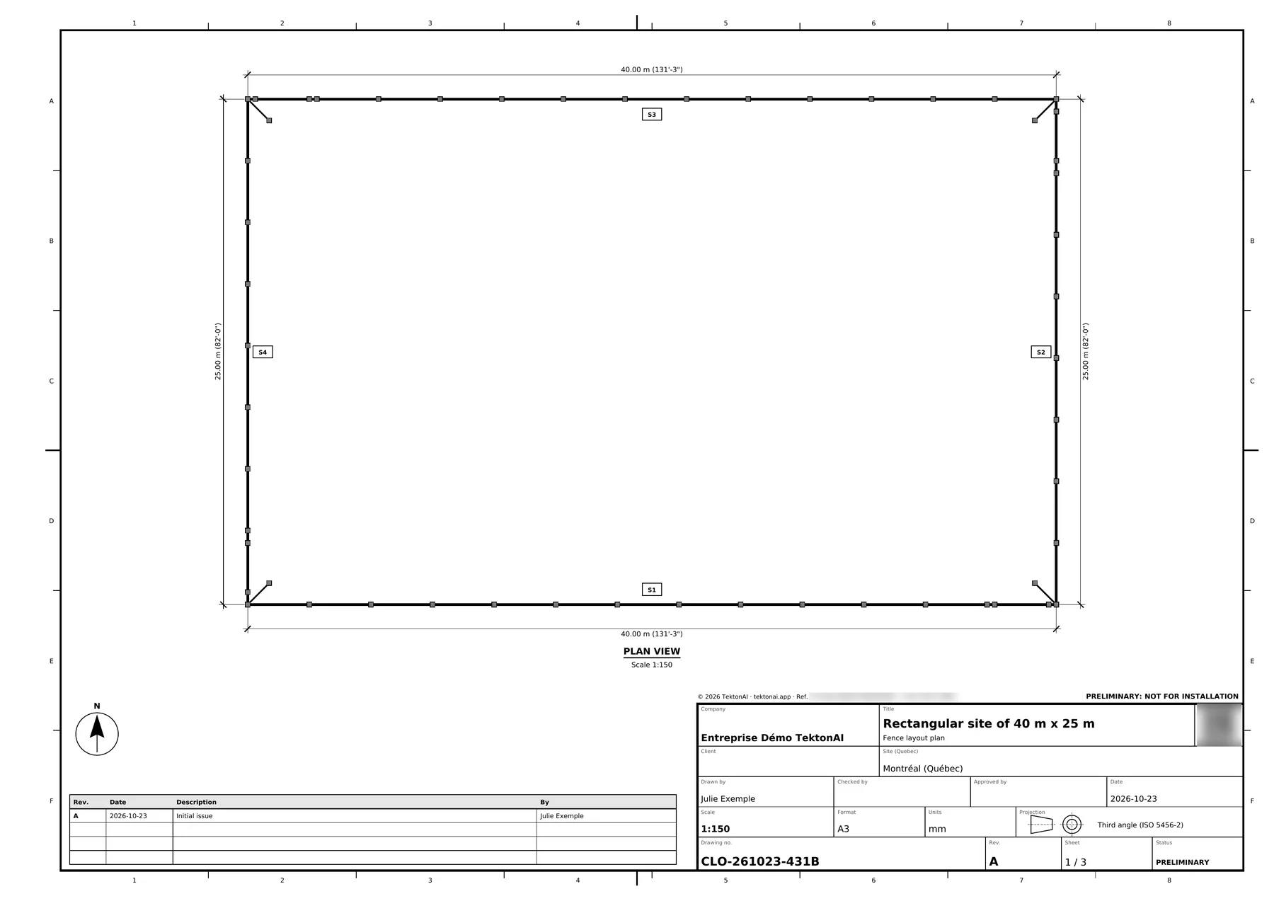 Sheet 1 of plan CLO-261023-431B: plan view of the closed fence, 40 m by 25 m, in 4 segments, with a stay at each corner. The reference and the QR code are blurred