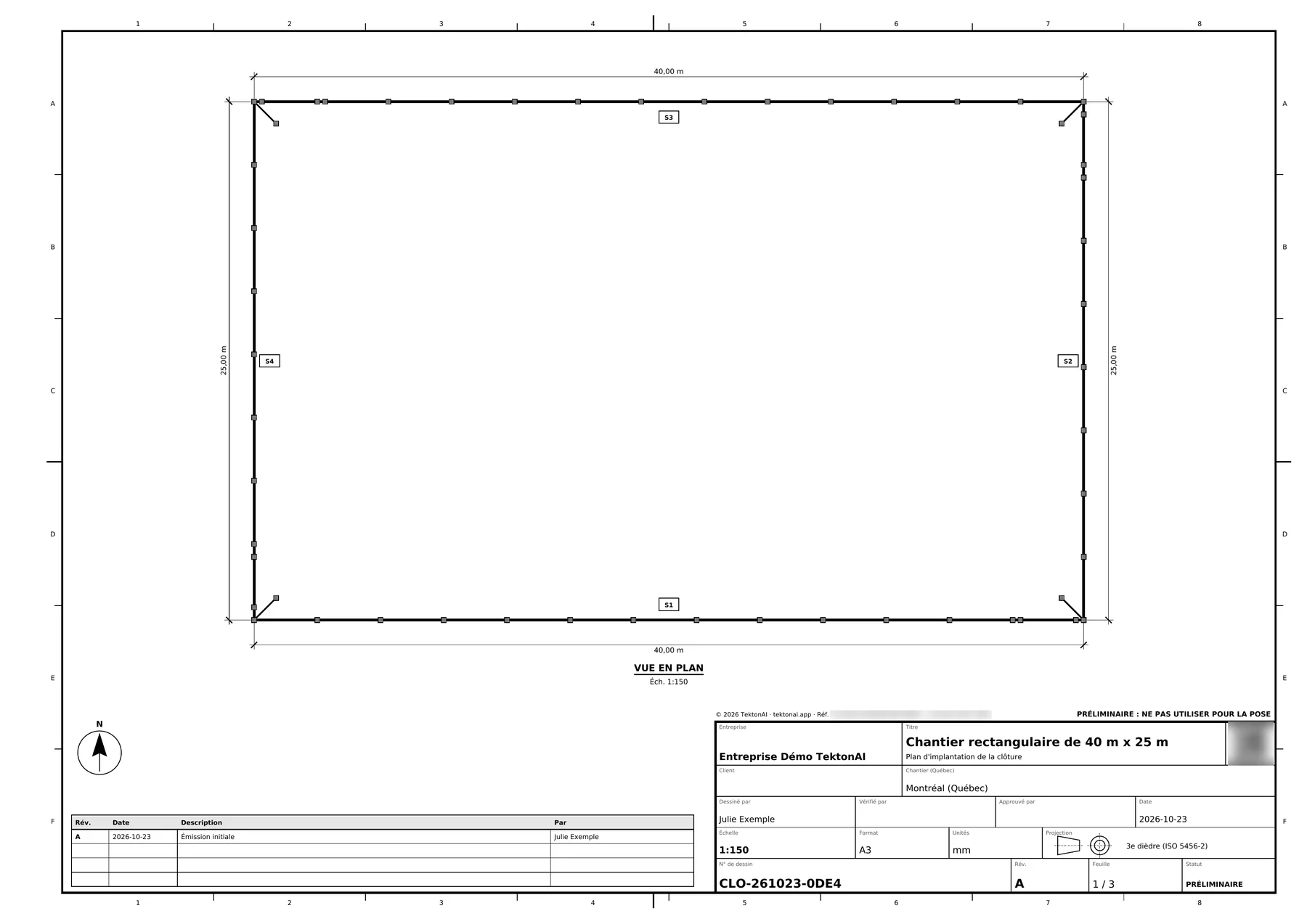 Feuille 1 du plan CLO-261023-0DE4 : vue en plan de la clôture fermée, 40 m sur 25 m, en 4 segments, avec une contrefiche à chaque angle. La référence et le code QR sont floutés