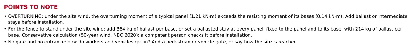 Points to note on sheet 2 of the plan: overturning under wind, the ballast to add per base and “No gate and no entrance”