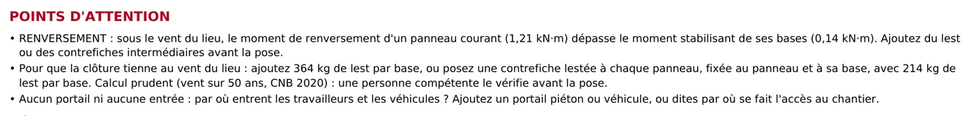 Points d’attention de la feuille 2 du plan : le renversement au vent, le lest à ajouter par base et « Aucun portail ni aucune entrée »