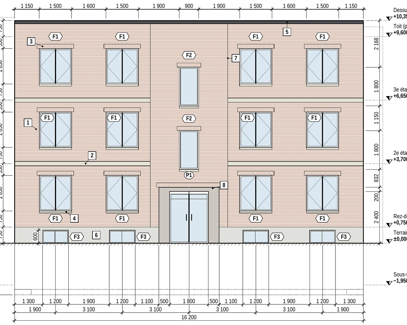 Screenshot of the south elevation of a three-storey sixplex: dimension chains at the top and bottom, overall length of 16,200 mm, levels on the right, partly cut off
