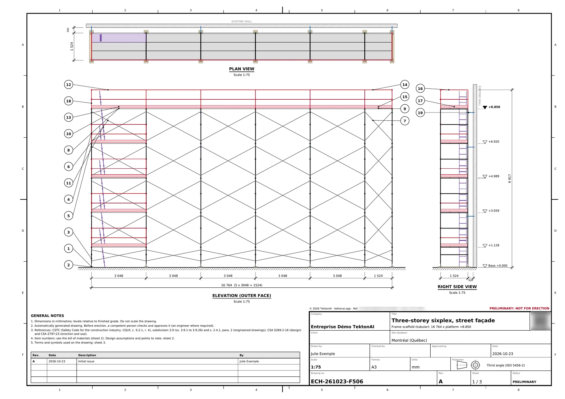 Sheet 1 of plan ECH-261023-F506: elevation of the frame scaffold along the 16.2 m façade, top platform at +8.850. The reference and the QR code are blurred