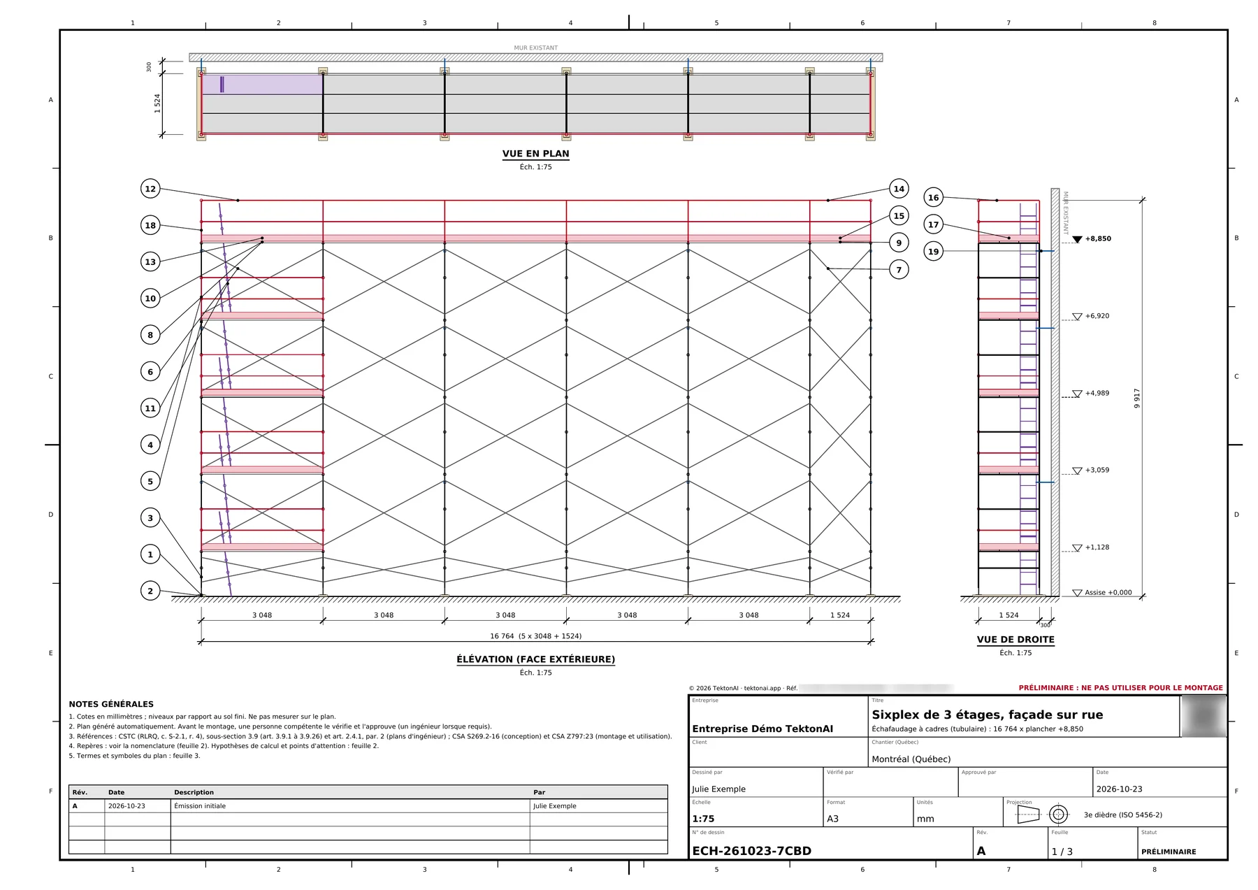 Feuille 1 du plan ECH-261023-7CBD : élévation de l’échafaudage à cadres le long de la façade de 16,2 m, plancher le plus haut à +8,850. La référence et le code QR sont floutés