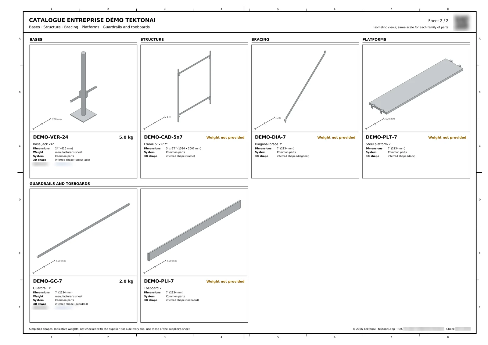 Parts catalogue page of the fictional company: isometric view of each part, with its part number, dimensions and weight, or “Weight not provided” when the record does not give it