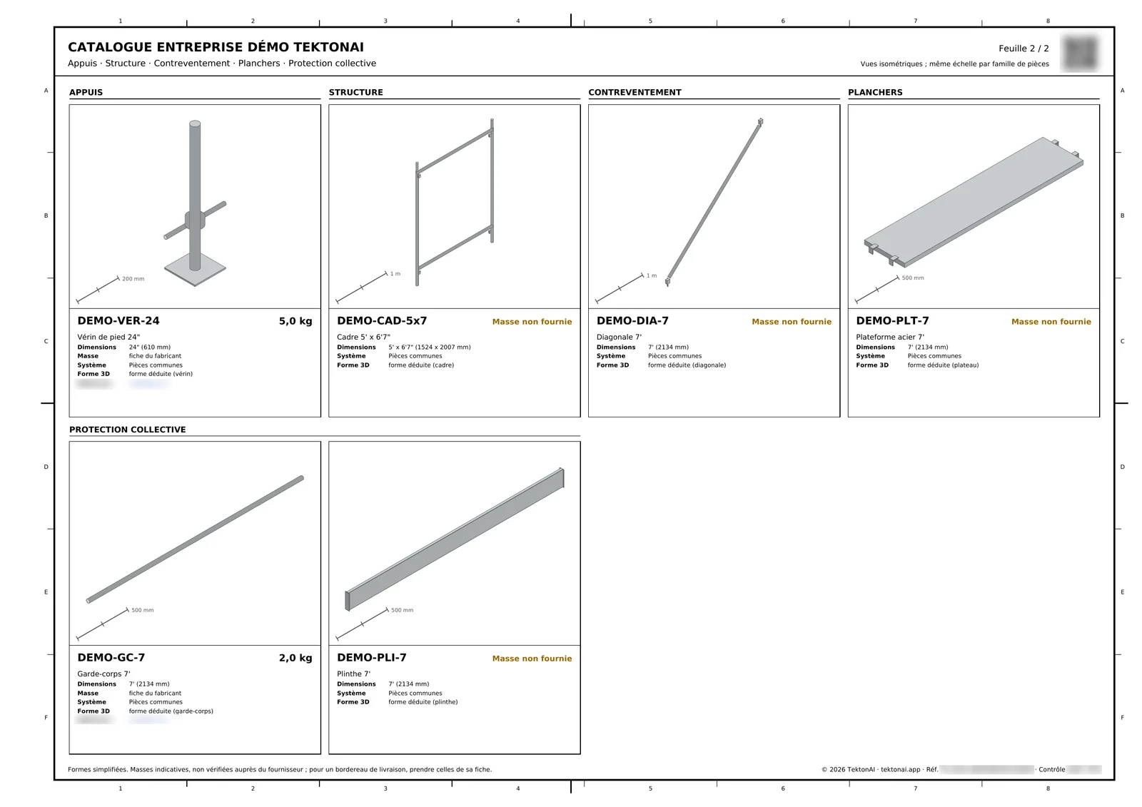Page du catalogue des pièces de l’entreprise fictive : vue isométrique de chaque pièce, avec sa référence, ses dimensions et sa masse, ou « Masse non fournie » quand la fiche ne la donne pas
