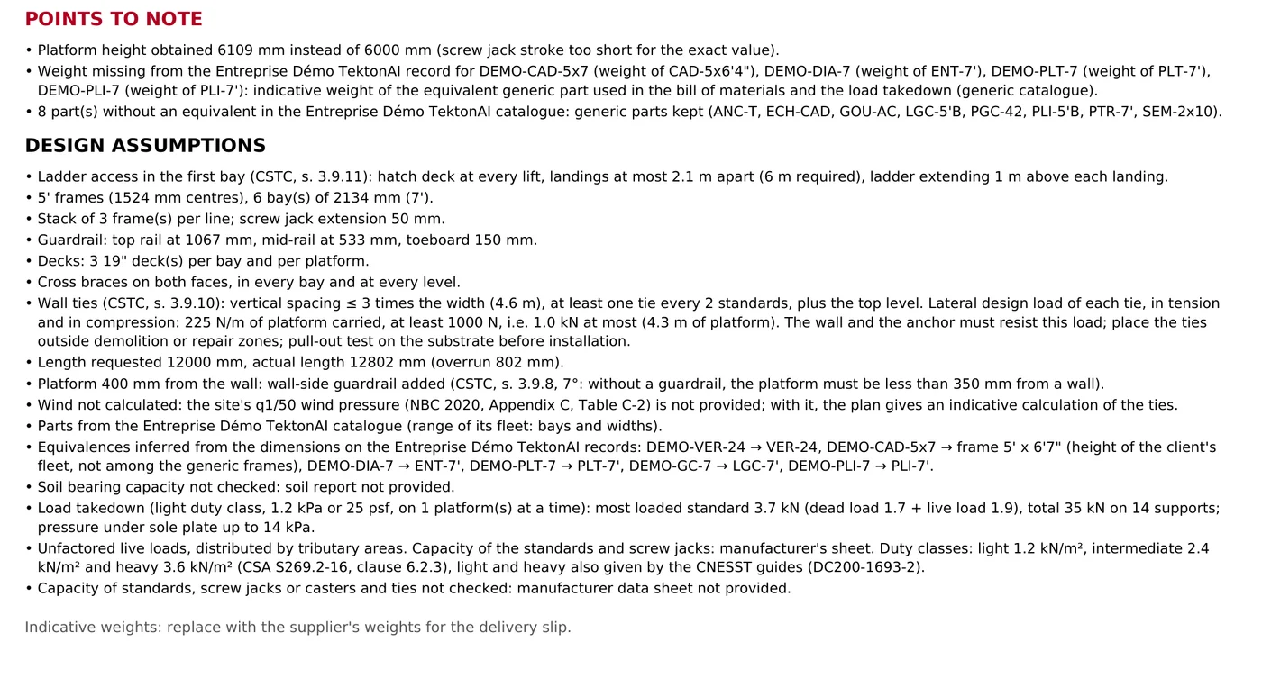 The plan’s points to note and calculation assumptions: the weight taken from the generic part when the record lacks it, the parts without an equivalent, equivalences deduced from the company’s records, and the lines saying soil bearing capacity and the capacity of standards, jacks and ties are not checked