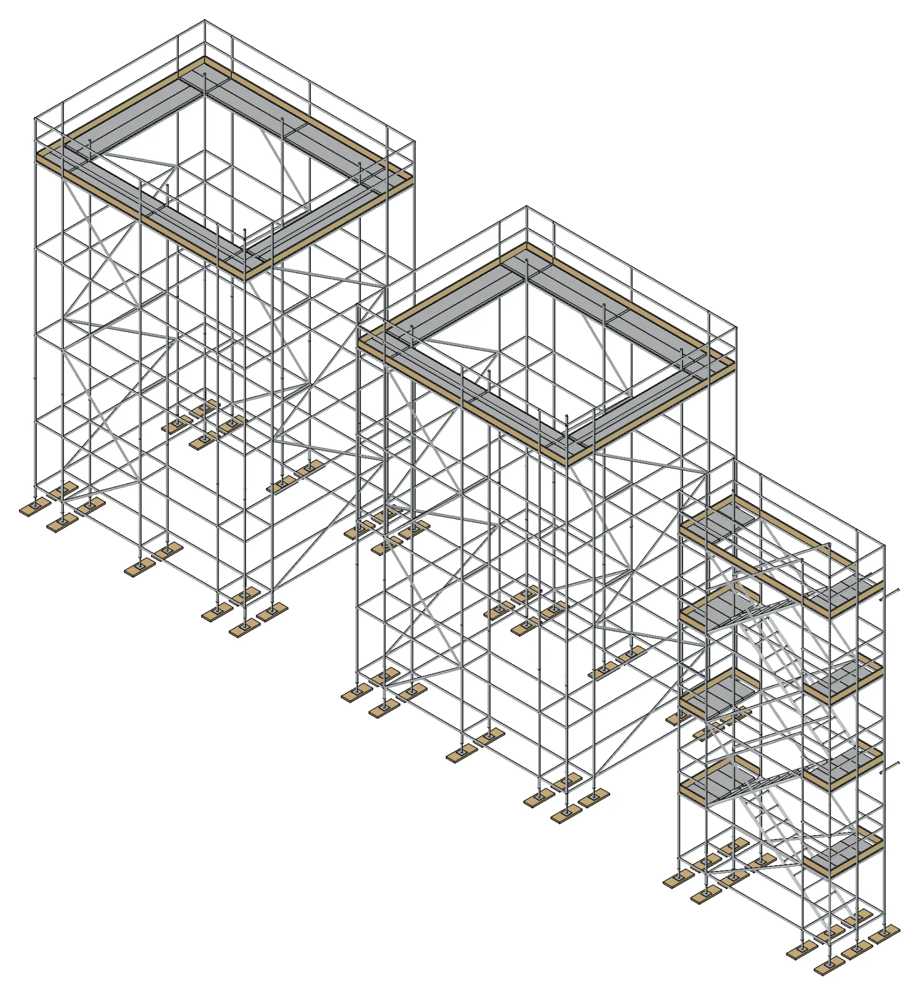 3D model of the site: the scaffolds around the two piers and the stair tower