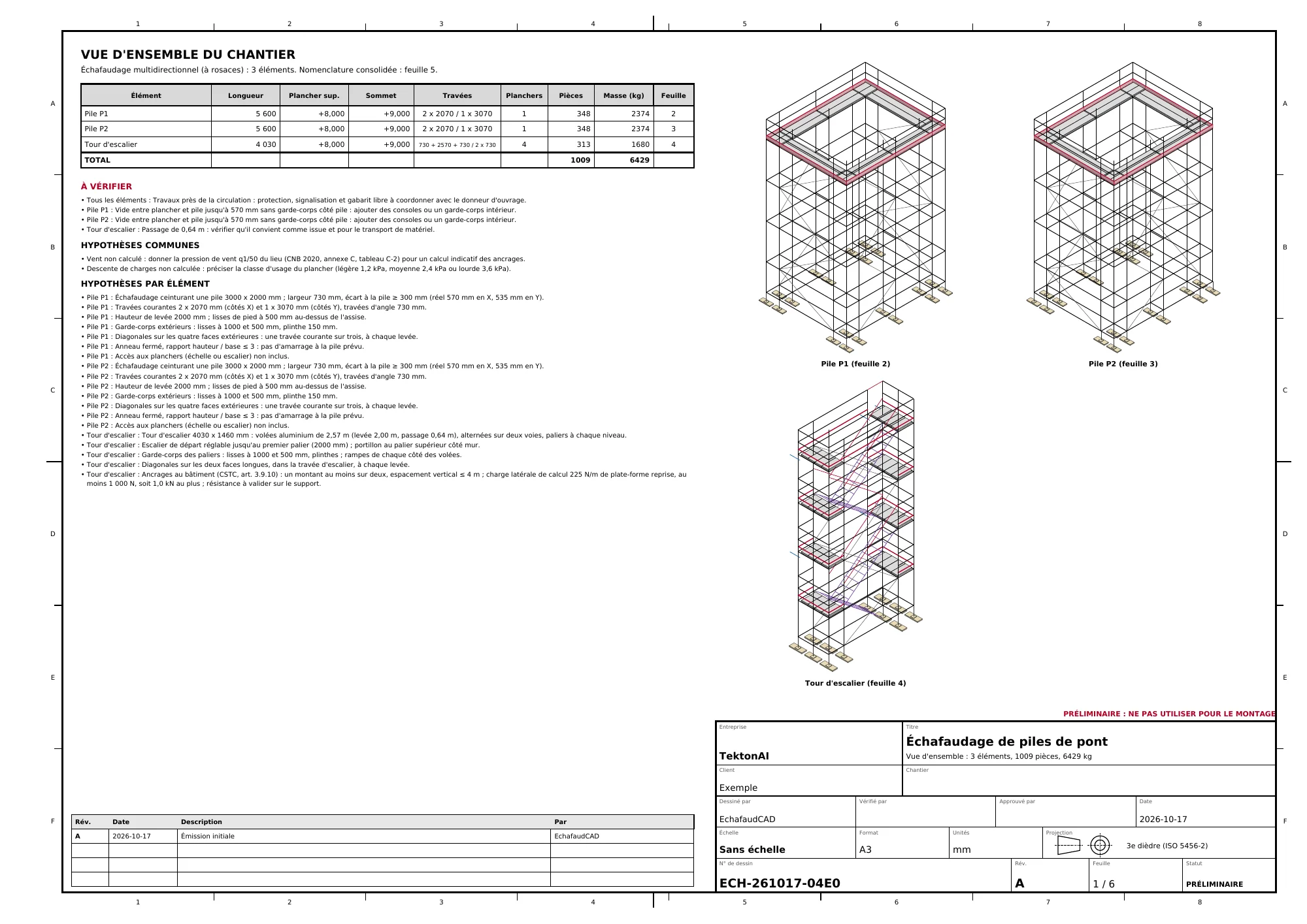 Site overview: table of the three elements with their pieces and weights, points of attention and an isometric view of each element