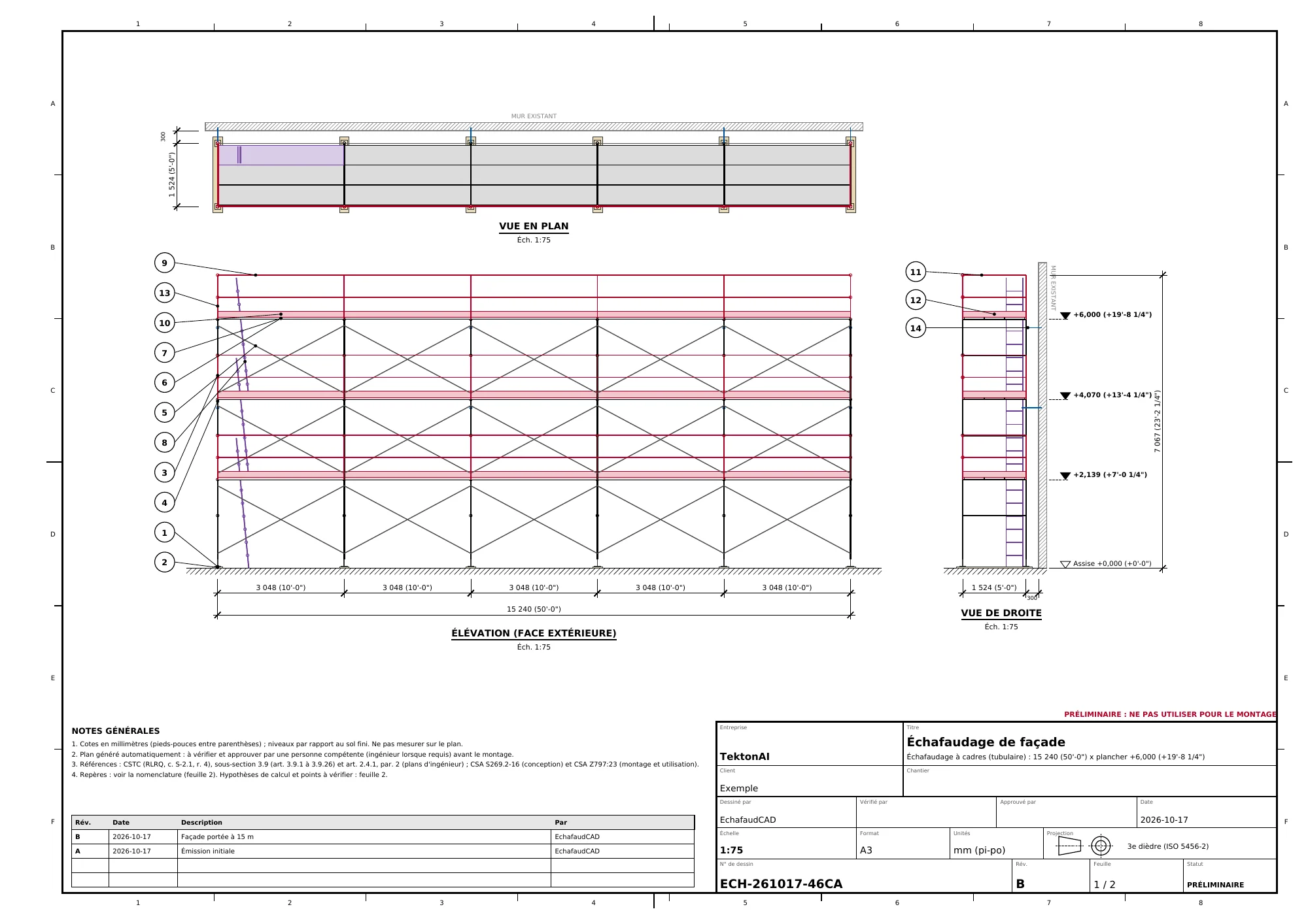 Sheet 1 of revision B: the façade is now 15 m, with the table of revisions A and B in the title block