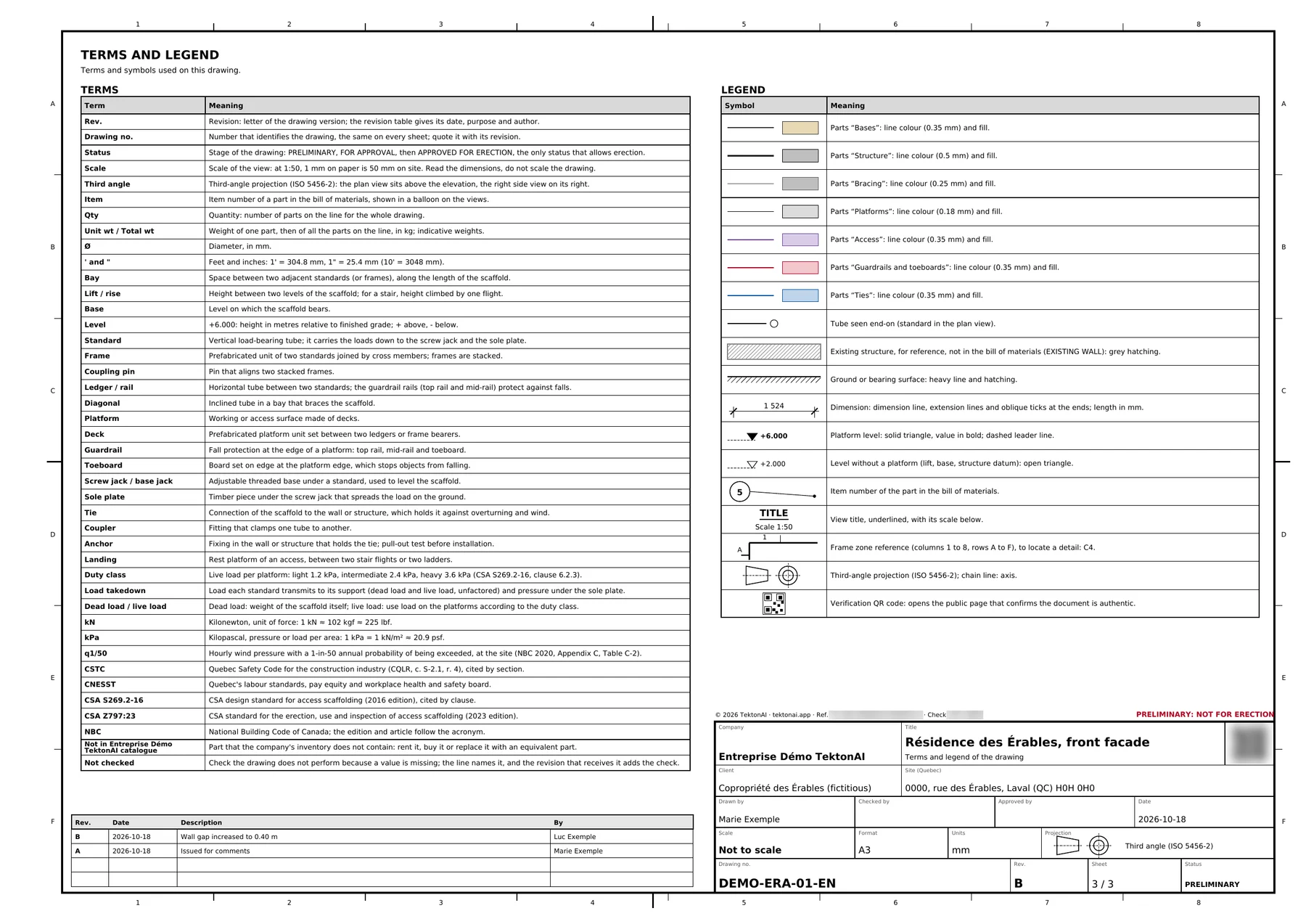 “Terms and legend” sheet of an example plan: on the left, the terms used on the plan and their meaning; on the right, the legend of the symbols drawn, from the part category colours to the verification QR code