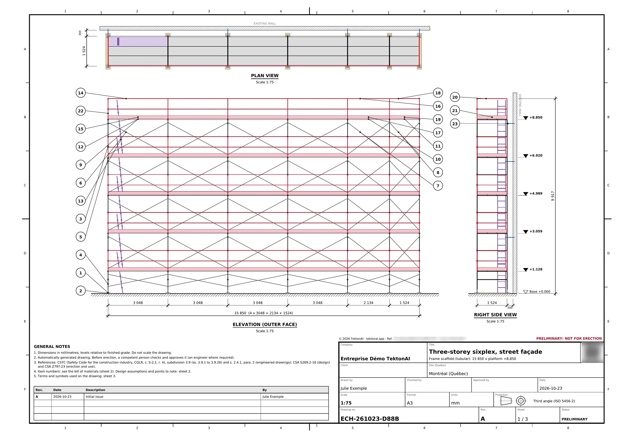 Sheet 1 of plan ECH-261023-3A8B: dimensioned plan view, elevation and right side view of the street façade scaffold, stopped at the party walls. The reference and QR code are blurred. Fictional building created for this example.