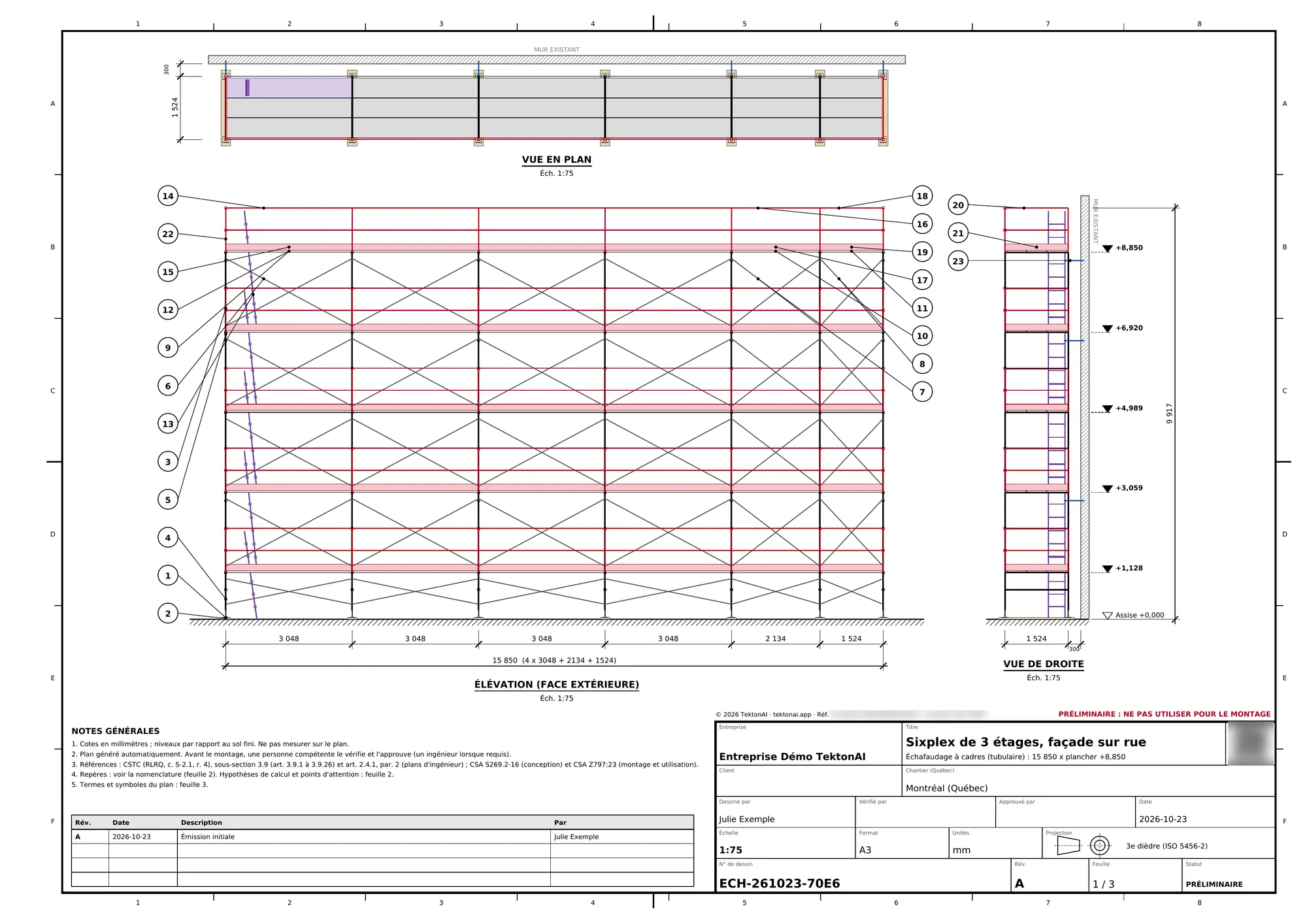Feuille 1 du plan ECH-261023-0932 : vue en plan, élévation et vue de droite cotées de l’échafaudage de la façade sur rue, arrêté aux murs mitoyens. La référence et le code QR sont floutés. Bâtiment fictif créé pour cet exemple.