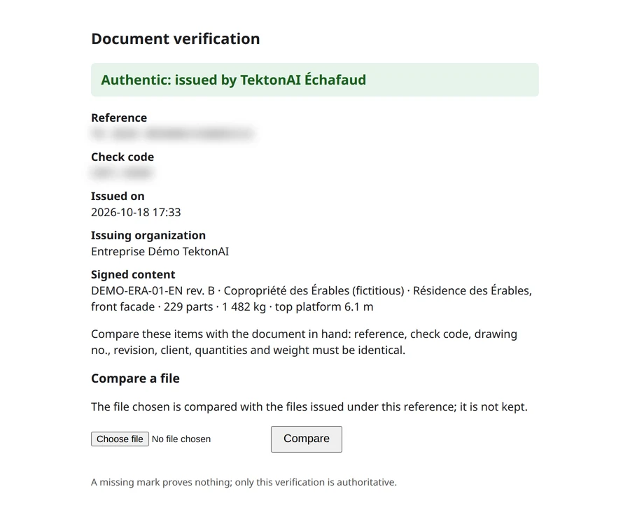Verification page: authentic, issued by TektonAI Scaffold, with the reference and check code blurred, the date, the issuing organization and the signed content