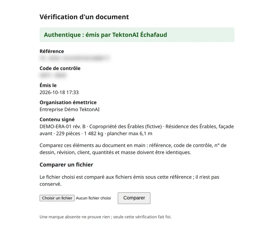 Page de vérification d’un plan authentique, avec la référence et le code de contrôle floutés, la date, l’organisation émettrice et le contenu signé