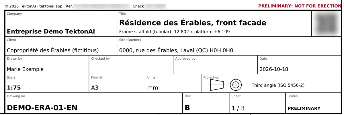 Provenance line and title block of an example plan: the reference, check code and QR code are blurred