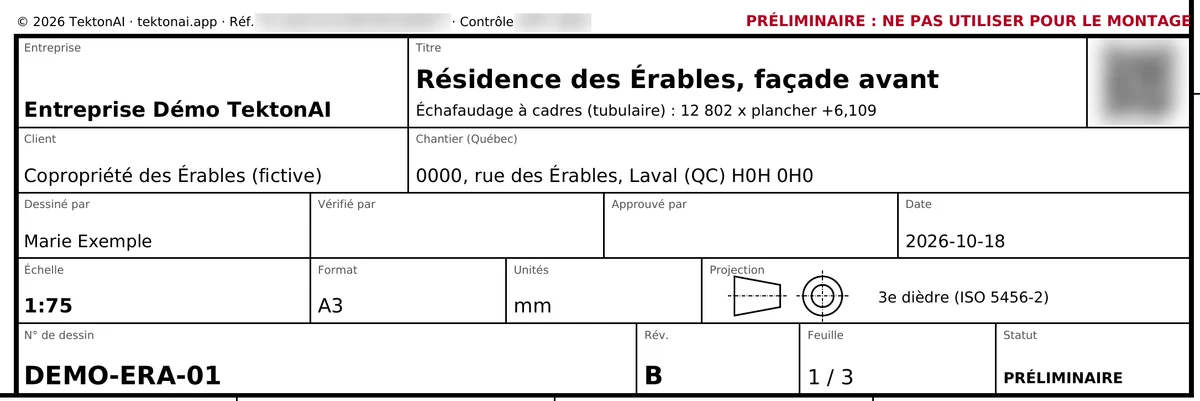 Ligne de provenance et cartouche d’un plan d’exemple : la référence, le code de contrôle et le code QR sont floutés