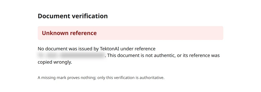 “Unknown reference” page: no document was issued by TektonAI under this reference