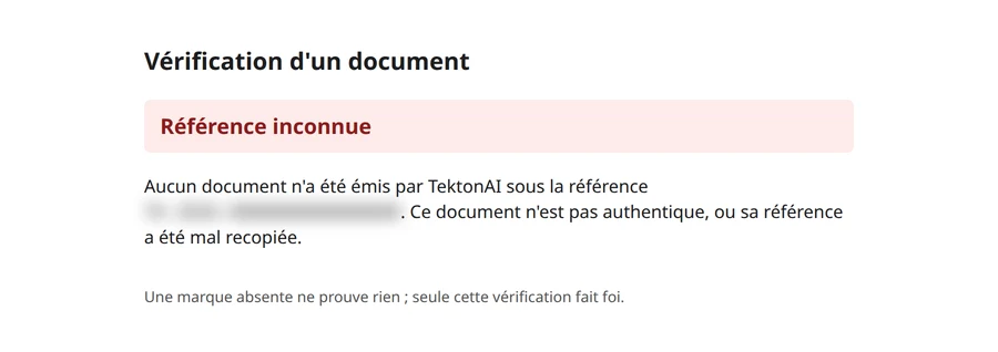 Page « Référence inconnue » : aucun document n’a été émis par TektonAI sous cette référence