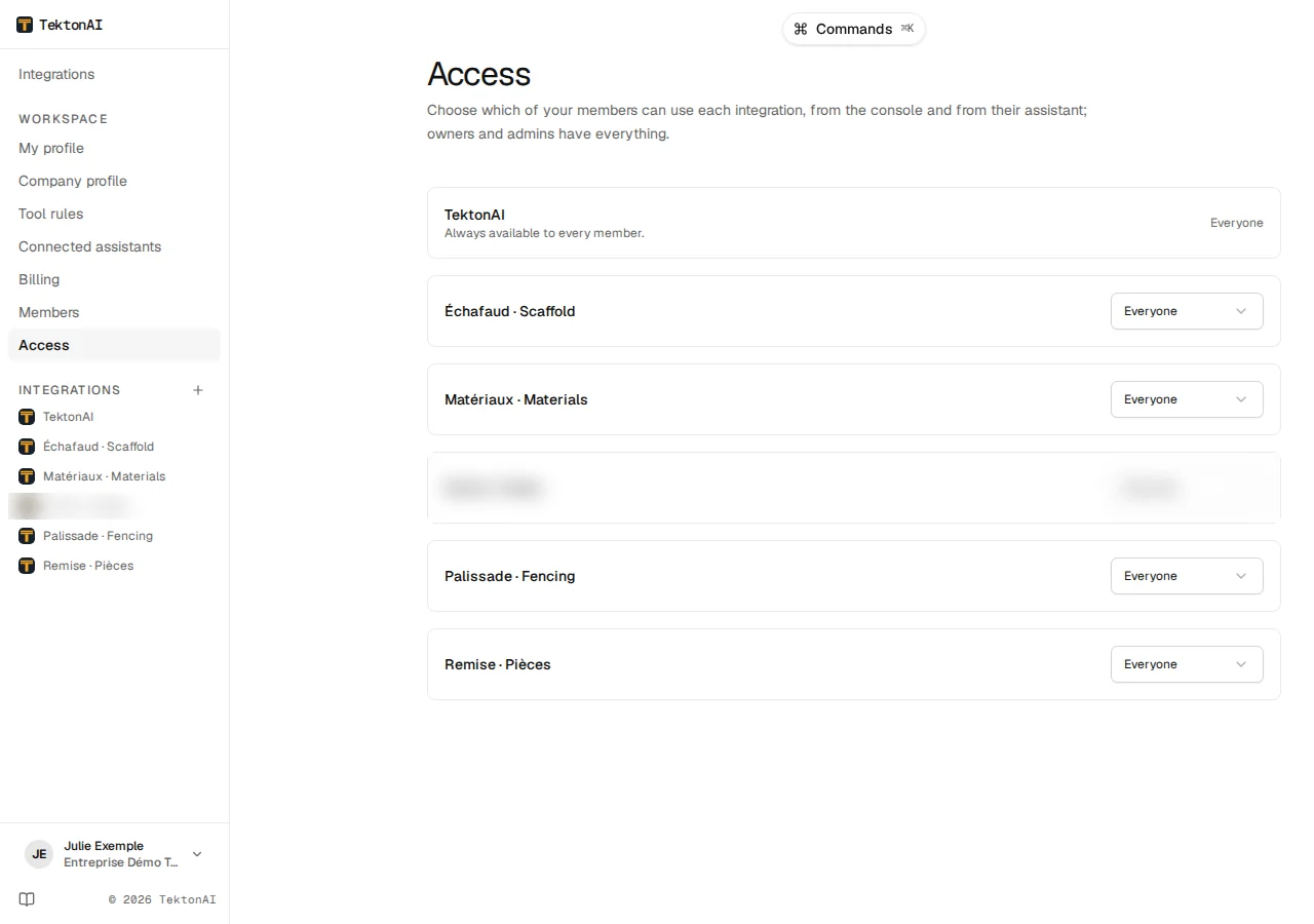 Access page: one row per tool, each set to “Everyone”