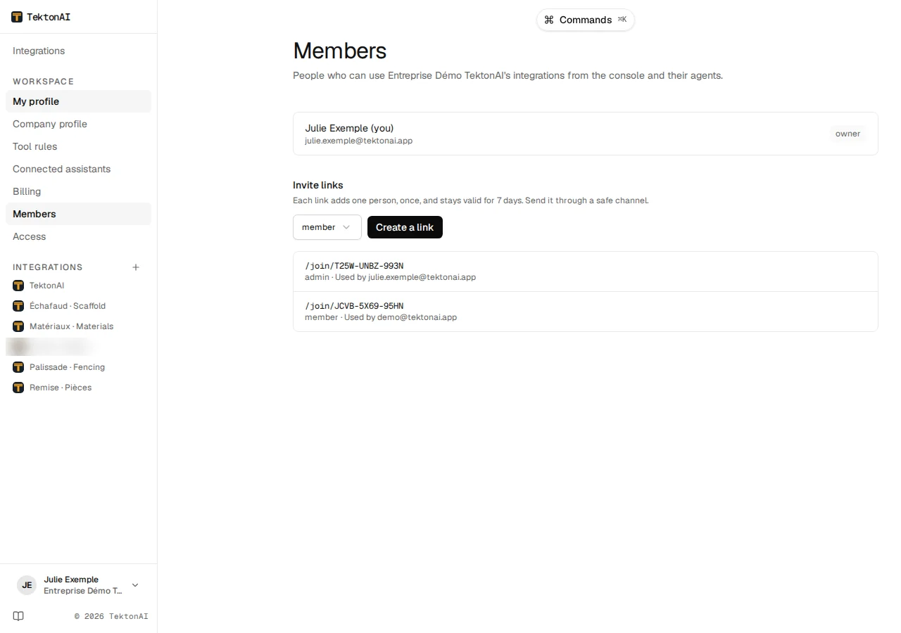 Members page: Julie Exemple, owner, then the “Invite links” section with the role choice and the “Create a link” button