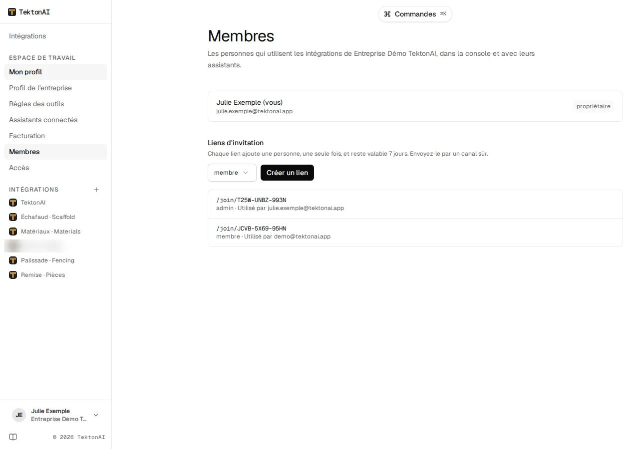 Page Membres : Julie Exemple, propriétaire, puis la section « Liens d’invitation » avec le choix du rôle et le bouton « Créer un lien »