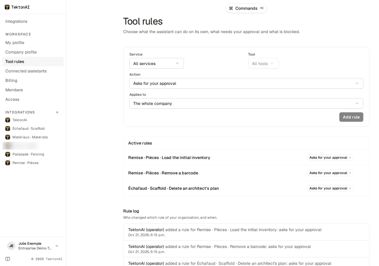 Tool rules page: the Service, Tool, Action and Applies to form, then the active rules and the rule log
