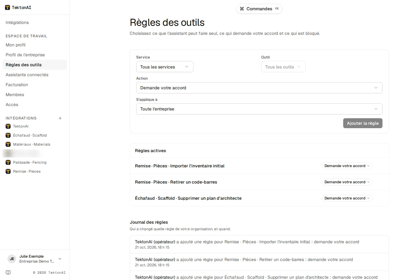 Page Règles des outils : le formulaire Service, Outil, Action et S’applique à, puis les règles actives et le journal des règles